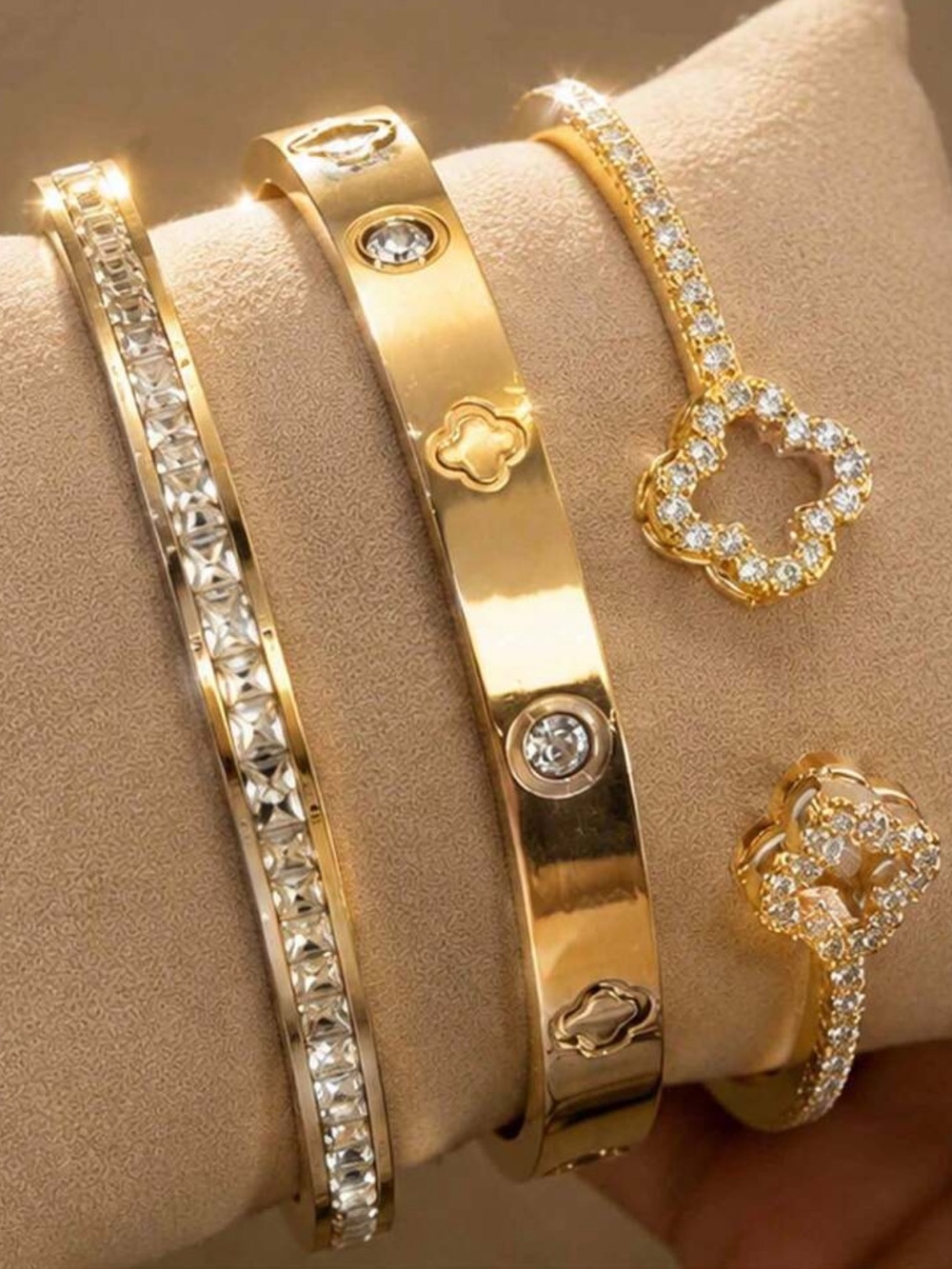 Gold Crystal Floral Cuff Bracelet Set - Women's Gold Bracelets